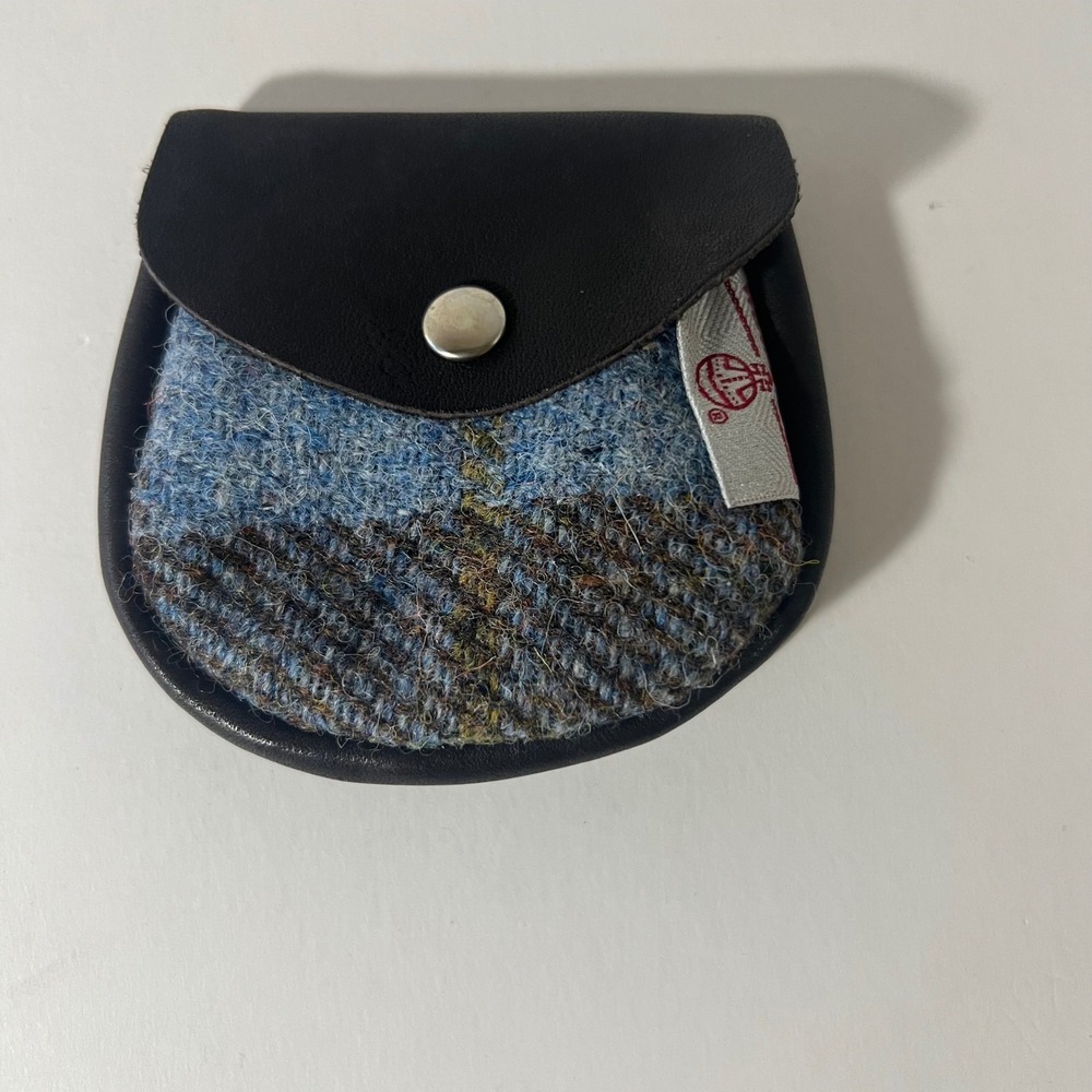 Harris Tweed Deerskin Leather Wool Change Purse Hebrides Scotland Blue Plaid